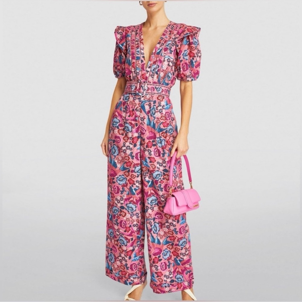 FARM Rio Pink and Blue Floral Jumpsuit with Wide-Leg Design